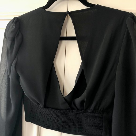 Stunning Express Puff-Shoulder V-Front Open-Back Long-Sleeve Crop Blouse XXS - Picture 5 of 16